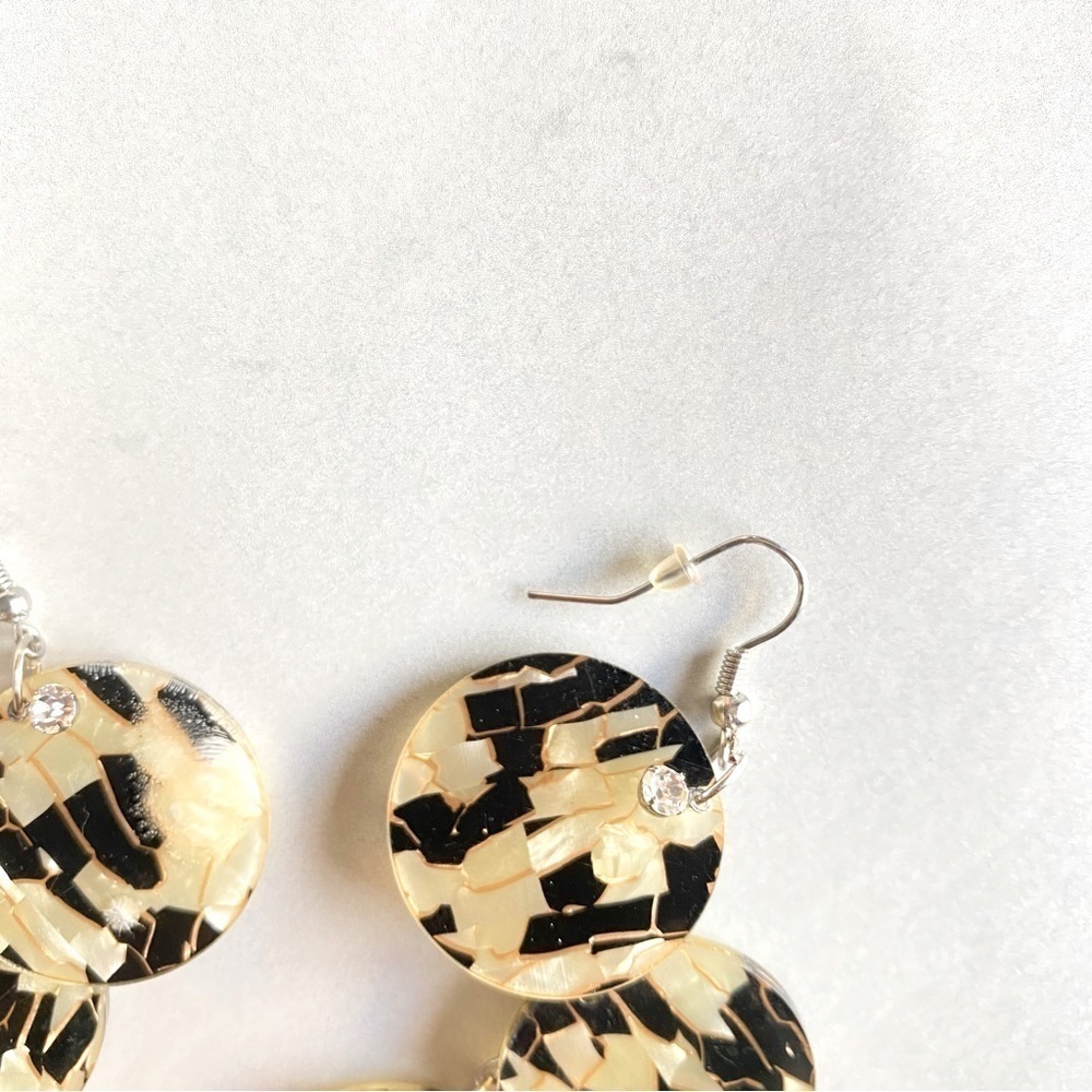 Acrylic Cream and Black Mosaic Circle Dangle Earrings with Rhinestone Accents - Picture 2 of 5